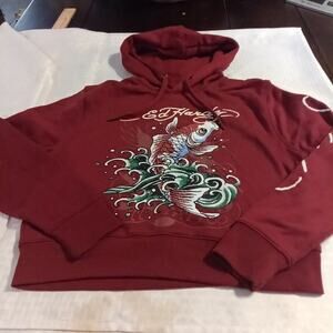 Ed Hardy Women's Small Cropped Hoodie Y2K Era Tattoo Art Koi Fish Maroon Grunge